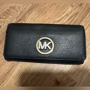 Michael Kors Pebbled Black Leather Wallet with Gold Emblem